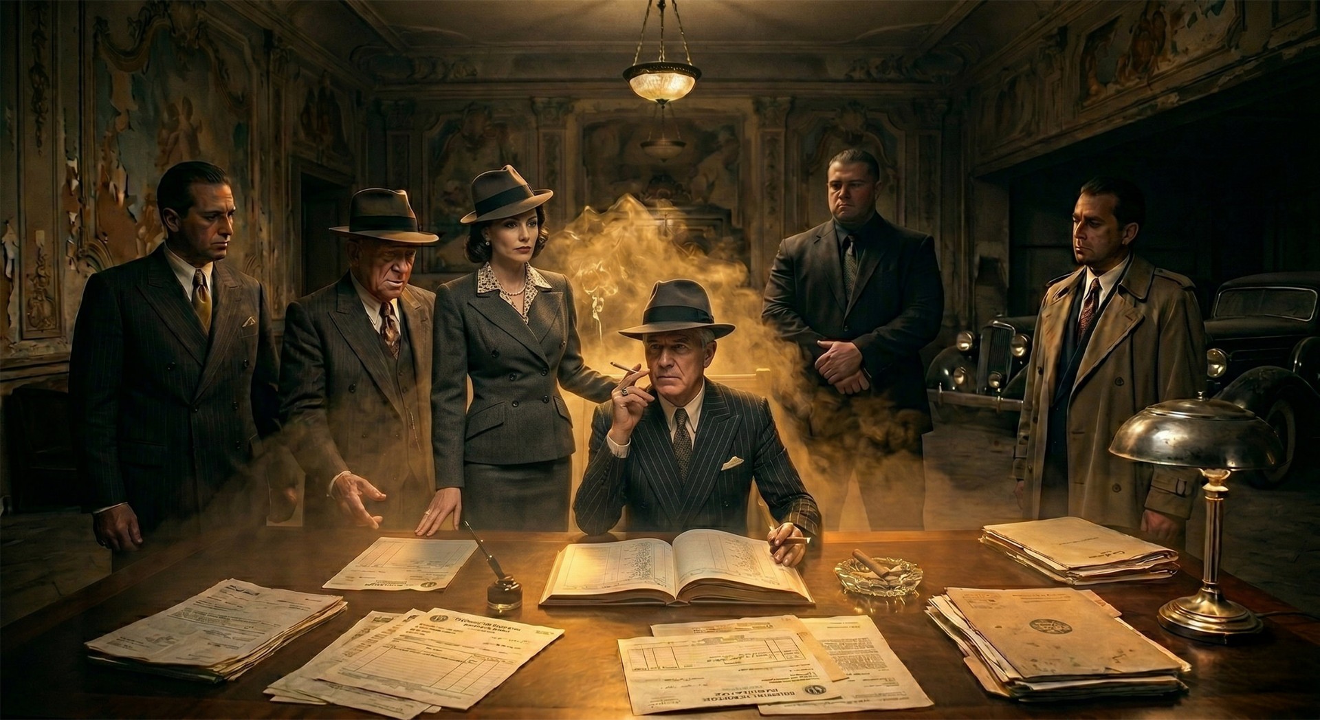The family gathered around a ledger in a dimly lit, opulent office, conducting strictly legitimate business